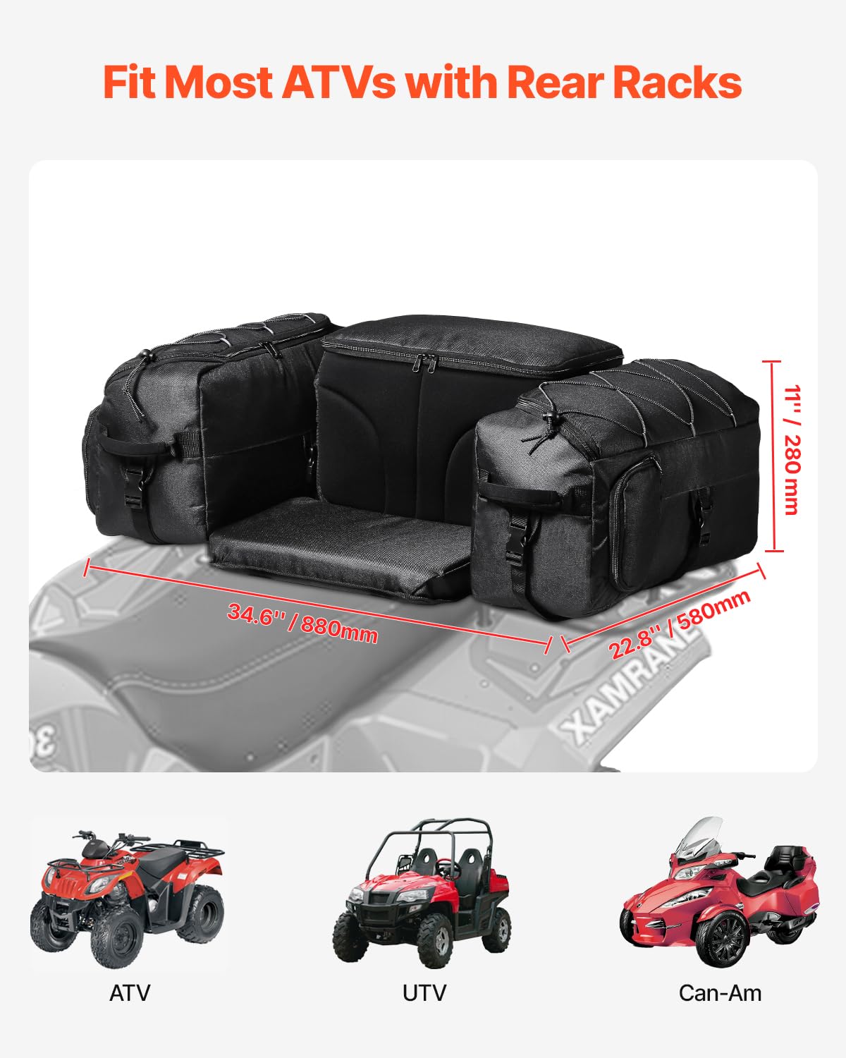 VEVOR Bolsa de Almacenamiento Trasera para ATV 74 L con Bolsa Térmica Aislante, de Tela Oxford 600D, con Portaequipaje Trasero, Compatible con Vehículos ATV, UTV y Can-Am, 880 x 580 x 280 mm