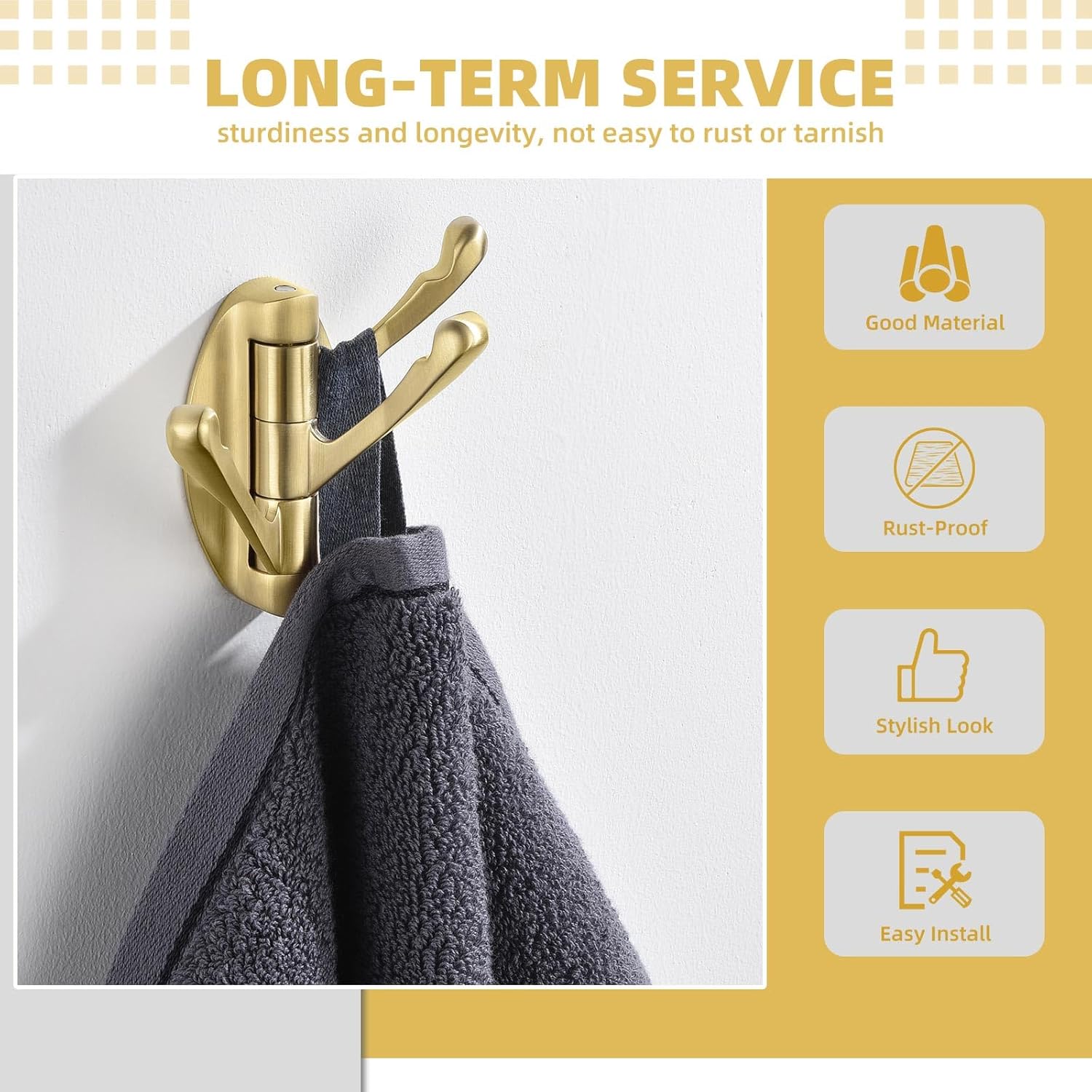 Suyar Brushed Gold Towel Hook, Metal Swivel Towel Holder with 3 Arms, Heavy Duty Coat Robe Hanger, Bathroom Kitchen RV Space Saving Wall Hook