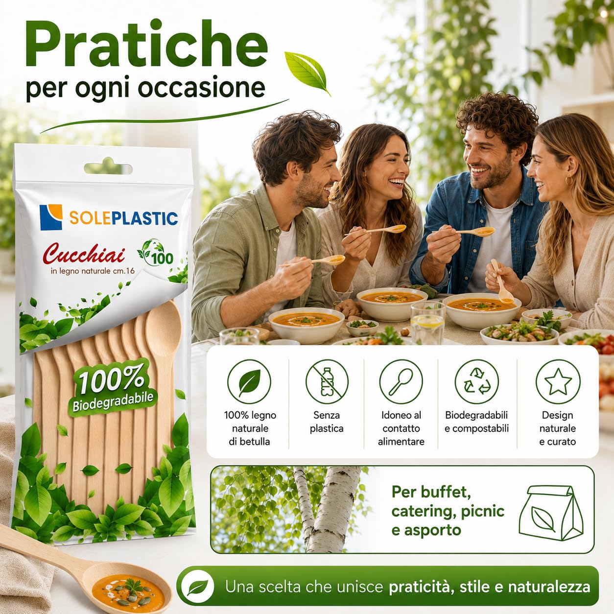 Cucchiaio Legno di Betulla 16 cm - Posate Bio Compostabili Biodegradabili per Asporto Catering