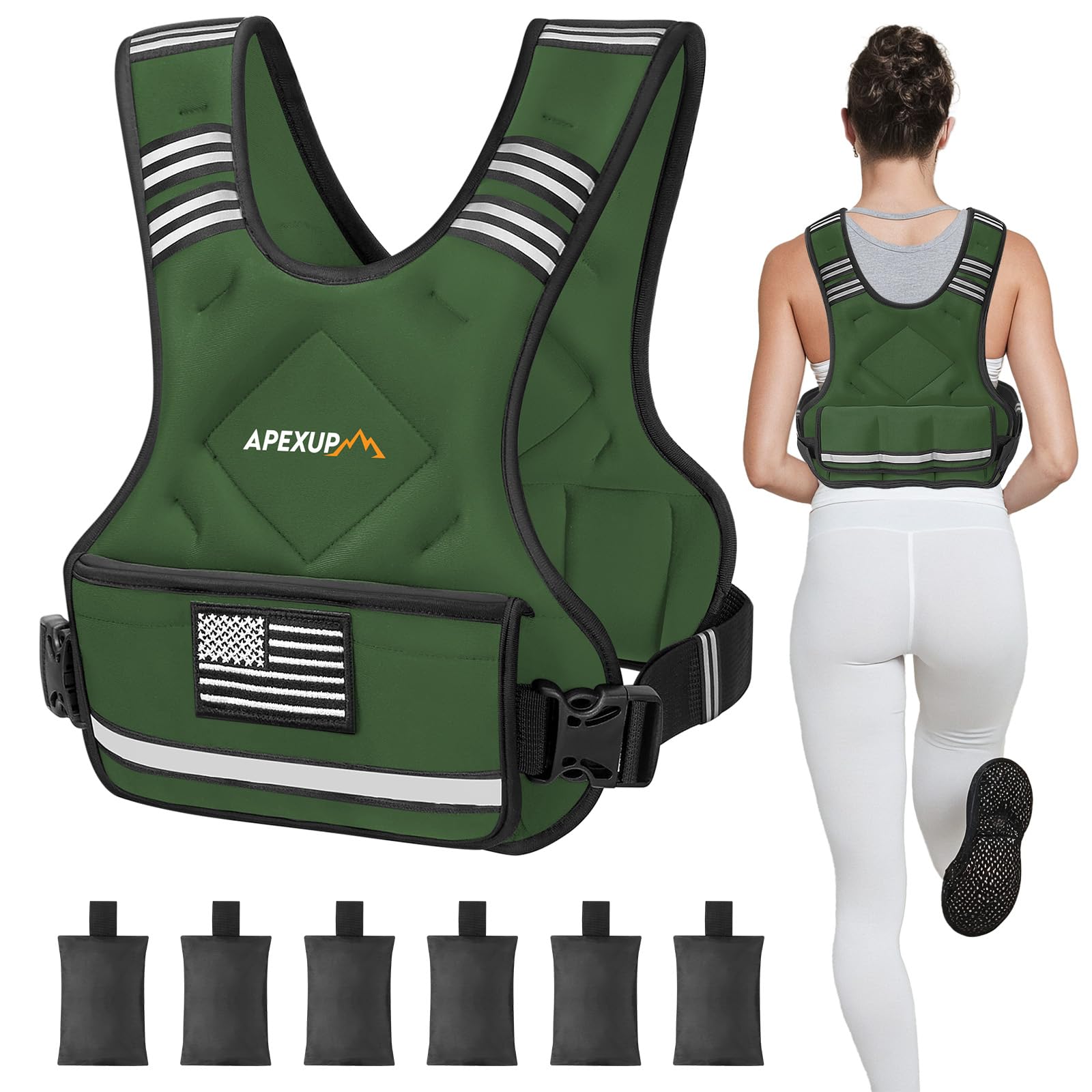 Photo 1 of ****PARTIAL SET - MISSING SANDBAGS**** APEXUP Adjustable Weighted Vest, 4-10lb/12-18lb/20-32lb Vest with 6 Ironsand Weights and Large Pocket, Weight Vest for Men Women Strength Training, Running, Walking (20-32lb, Green)