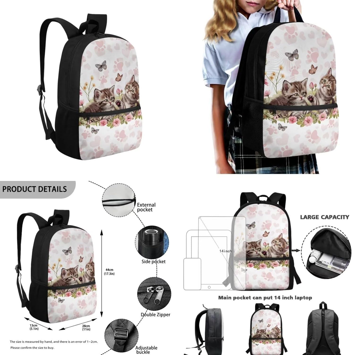 Cute Kitten Backpack for Girls Butterfly School Backpack with Lunch Box Paw Print School Book Bags for Girls Cool Lunch Box Pencil Box Case Storage and Water Bottle Sleeve