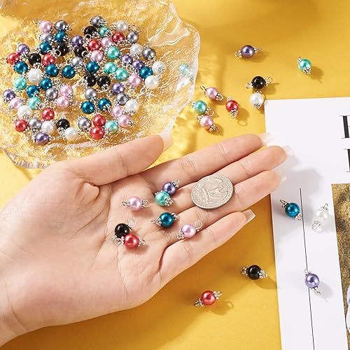 Miniatura 7 de Pandahall - Colgantes redondos de perlas de cristal perlado, Vidrio Hierro, Perla