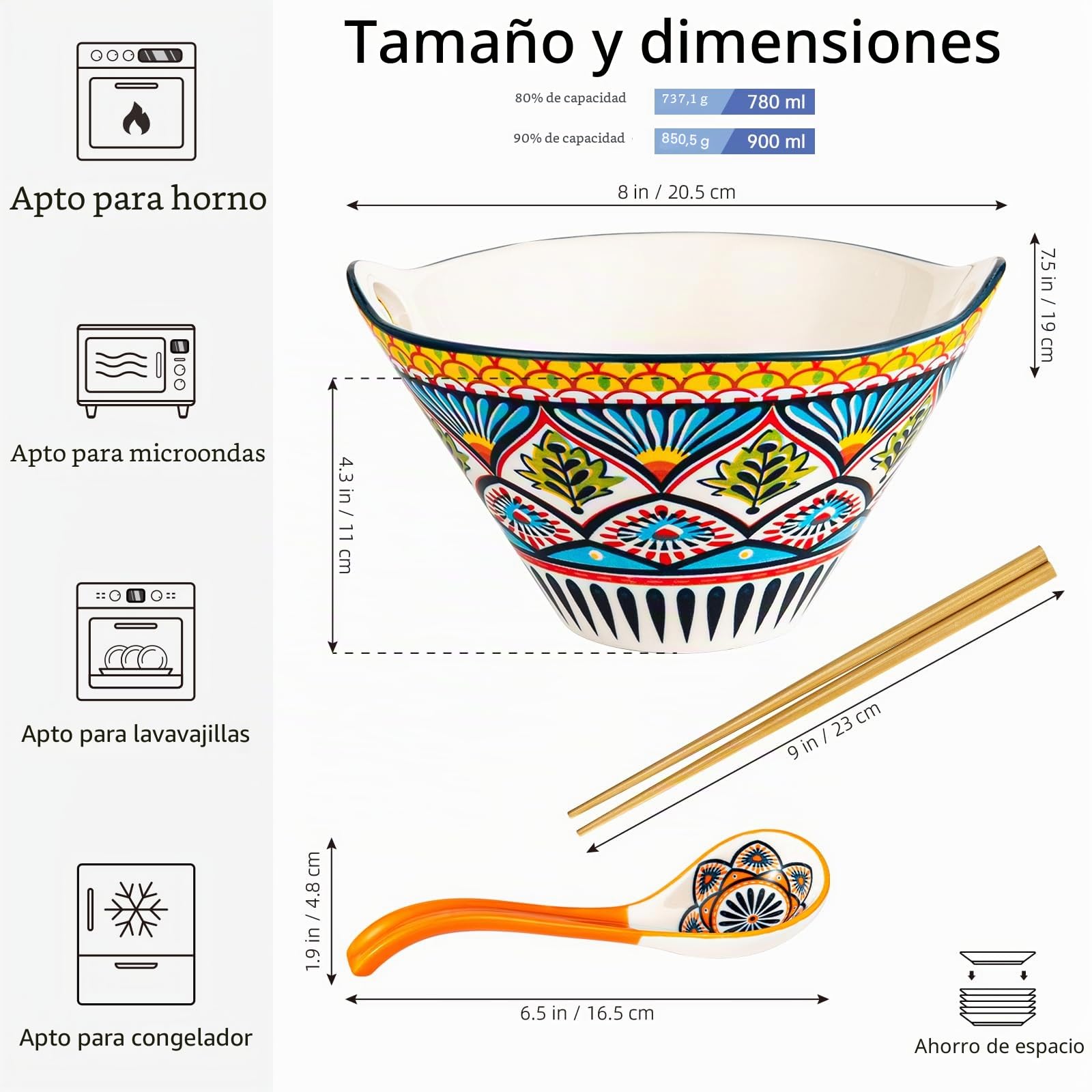 HENXFEN LEAD Juego de cuencos japoneses para ramen, porcelana, 2 piezas de 780 ml, cuencos de sopa coloridos con palillos y cuchara, estilo bohemio