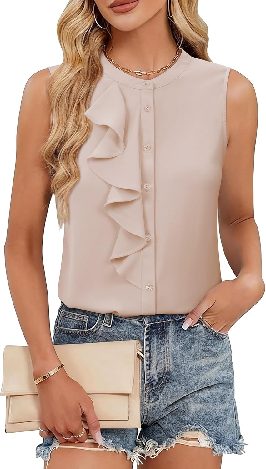 siliteelon Womens Business Casual Blouses Button Down Sleeveless Shirts Ruffle Round Neck Dressy 2026 Spring Work Ladies Tops