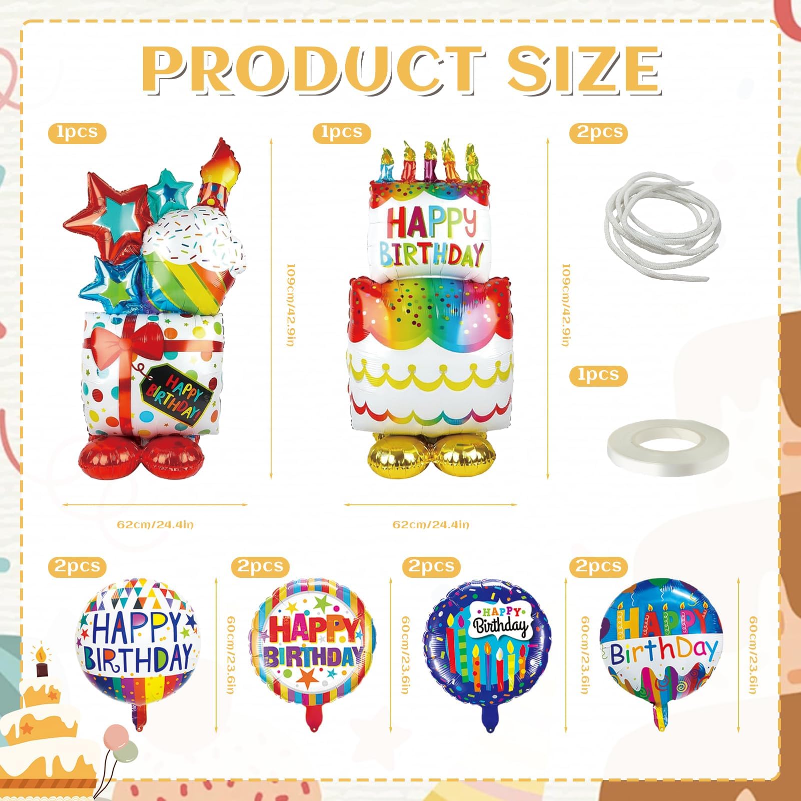 7 Ballons D’anniversaire Debout – Formes Gâteau, Cadeau Et Rond – Décoration Festiveté Facile à Gonfler – Pour Fête Ou Baby Shower