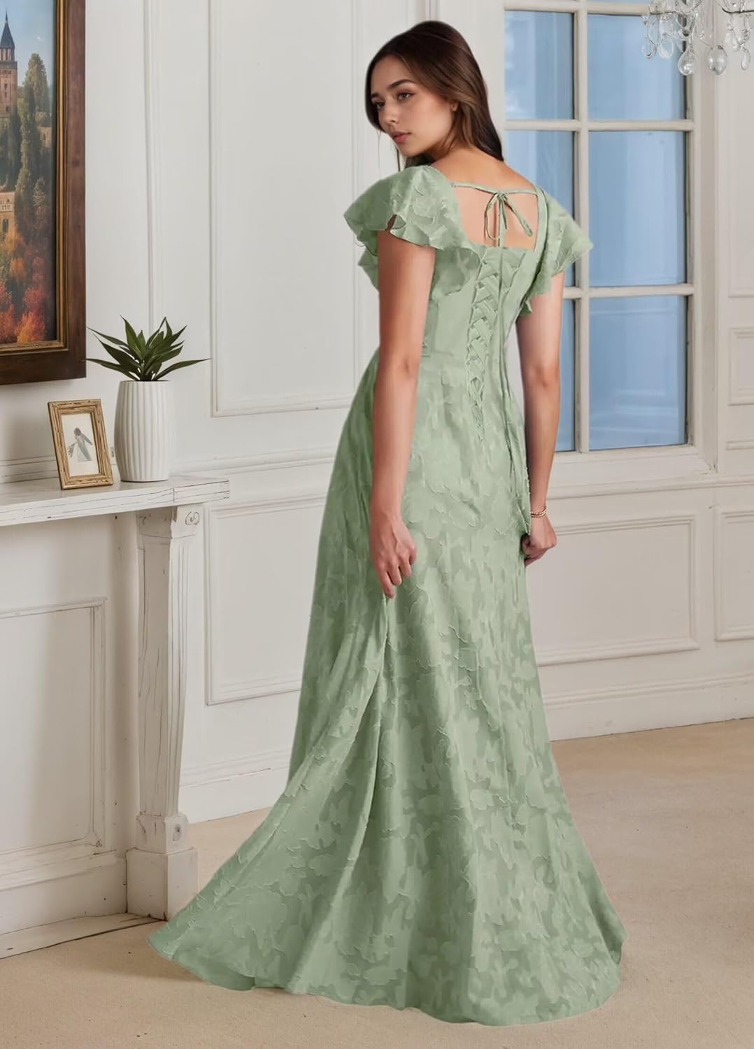 Floral A Line Bridesmaid Dress Ruffle Short Sleeve Wedding Guest Dress Long Square Neck Evening Gown with Slit