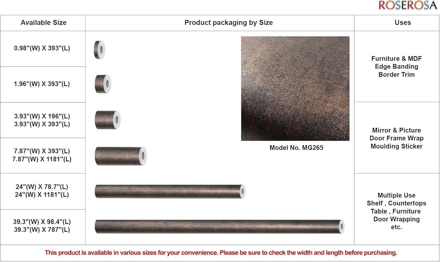 ROSEROSA Peel and Stick Rust Faux Metal Architectural Film Self-Adhesive Vinyl Film Wallpaper Door Wrap Counter Top Border Mirror Molding Trim MG265