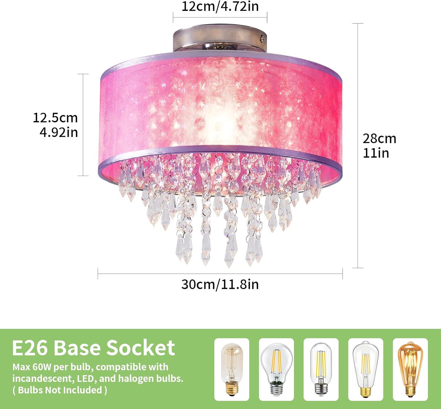 Modern Elegant Crystal Pendant Light Drum Chandelier Semi Flush Mount Ceiling Light Fixture with Fabric Shade for Dining Room, Living Room, Bedroom, Kitchen (Pink)