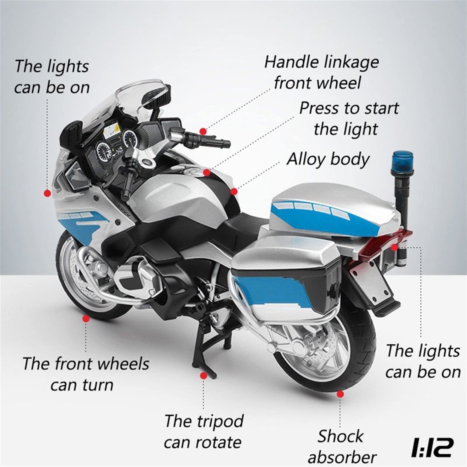 Moto de Juguete para BMW R1250 RT-P, Modelo De Motocicleta Aleación, Luz Y Efecto Sonido, Juguetes Coche Fundido A Presión, Regalo Cumpleaños, Escala 1/12 | Nero