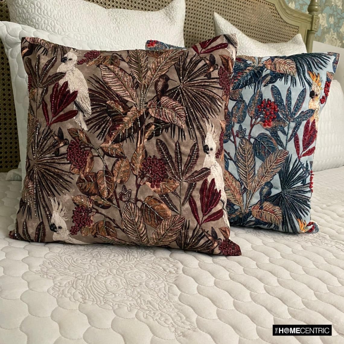 The HomeCentric Pack of 2 Decorative Throw Pillow Cover Sage 14"x14" Cotton Bird, Embroidery, Beaded, Handmade, Printed, Floral Cushion Covers for Couches and Sofas, Tropical Modern - Cockatoo Sage