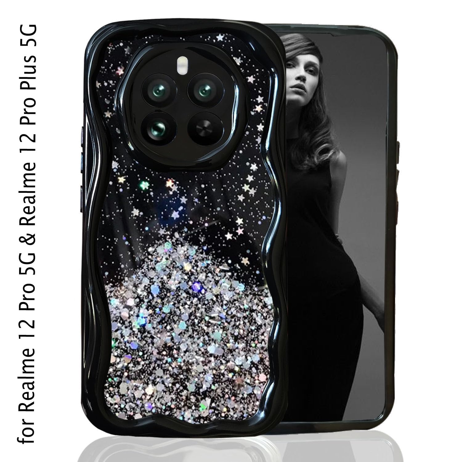 KC Back Cover for Realme 12 Pro 5G & Realme 12 Pro Plus 5G - 3D New Curly Wave Dry Fixed Non Moving Starry Glitter Shockproof Bumper Soft Silicone Case with Camera Protection (Black) (B0D3B38792) Amazon Price History, Amazon Price Tracker