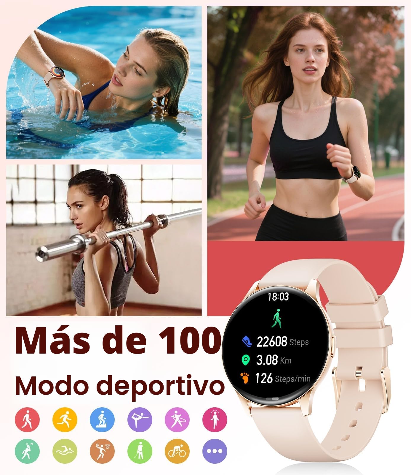 Reloj Inteligente Mujer 2025-7.99 mm Ultra-Delgado Elegante Fitness Watch con 1,43'' HD AMOLED Pantalla, Llamadas/IP68 Impermeable, 100+ Modos de Deporte, Salud de la Mujer para iOS Android, Oro Rosa