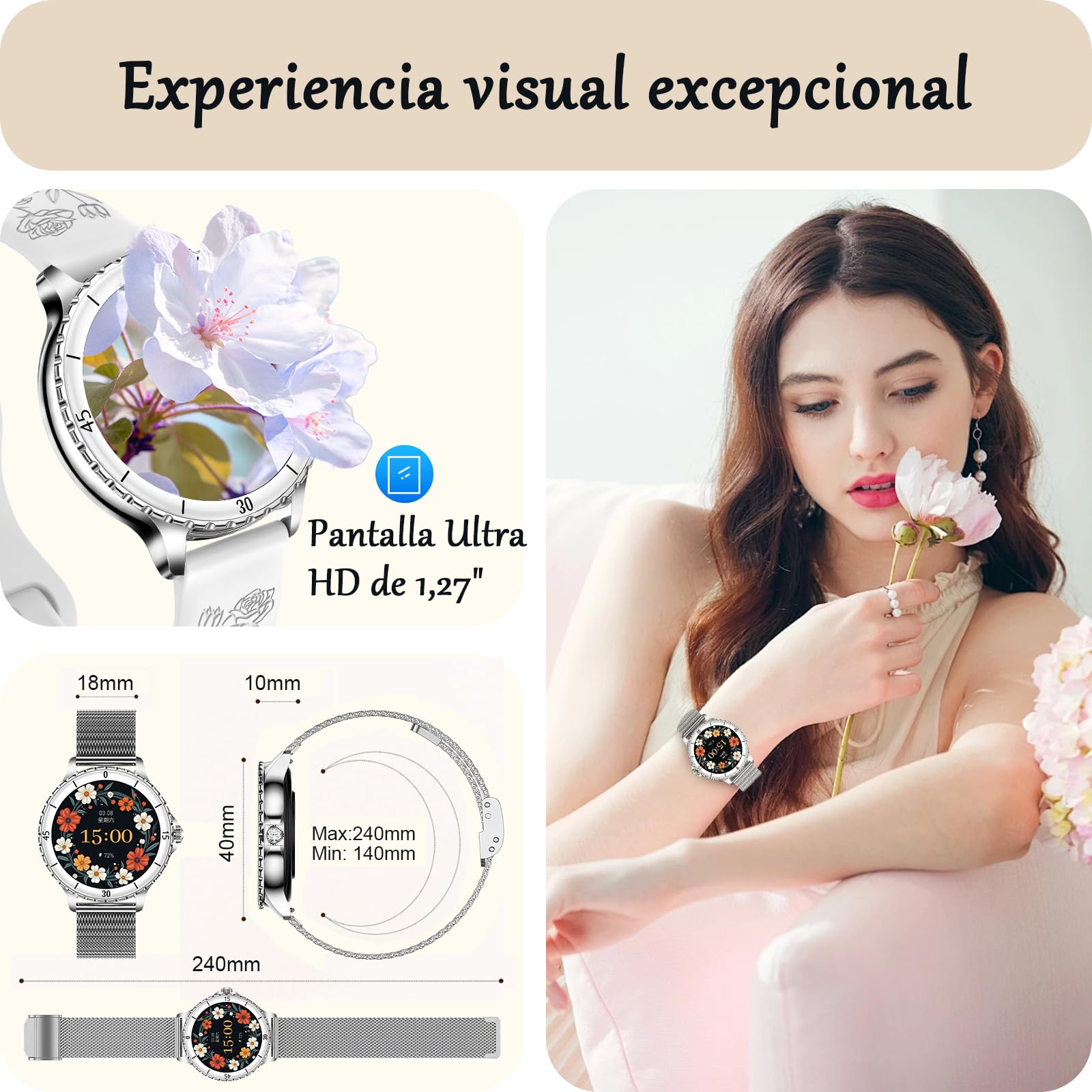 Reloj Inteligente Mujer con Llamadas, 1.27” HD Smartwatch Redondo | 120+ Modos Deportivos, Pulsómetro, SpO2, Monitor de Sueño, Rastreador de Actividad, IP68, Android iOS, 2 Correas, Plata