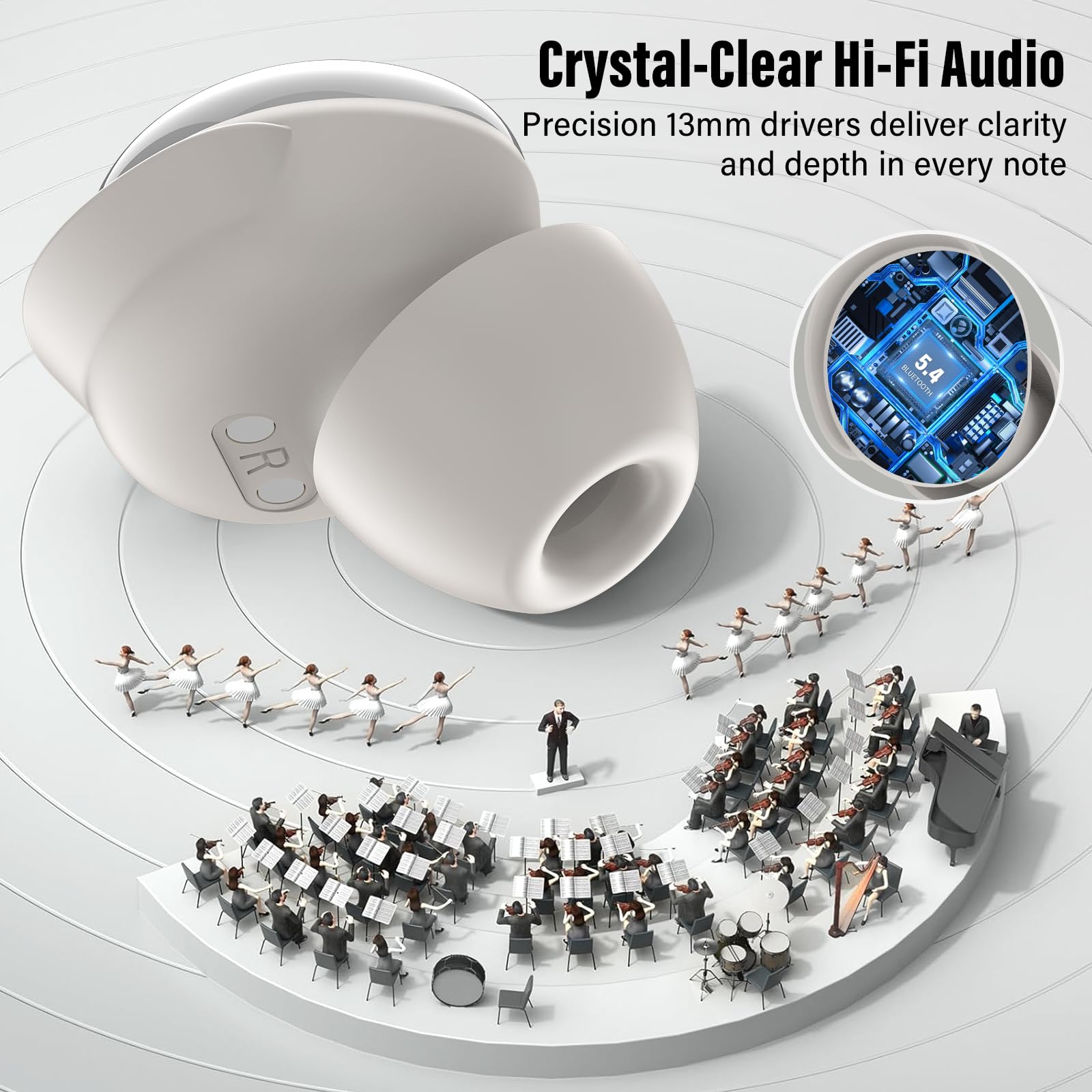 VEKJ Bluetooth Kopfhörer, Mini 48H Schlafkopfhörer Bluetooth 5.4 mit Touchscreen, 2025 Neue in Ear Kopfhörer Kabellos mit ENC Noise Cancelling, IPX7 Ohrhörer mit Immersiver Deep Bass Ohrhörer, beige