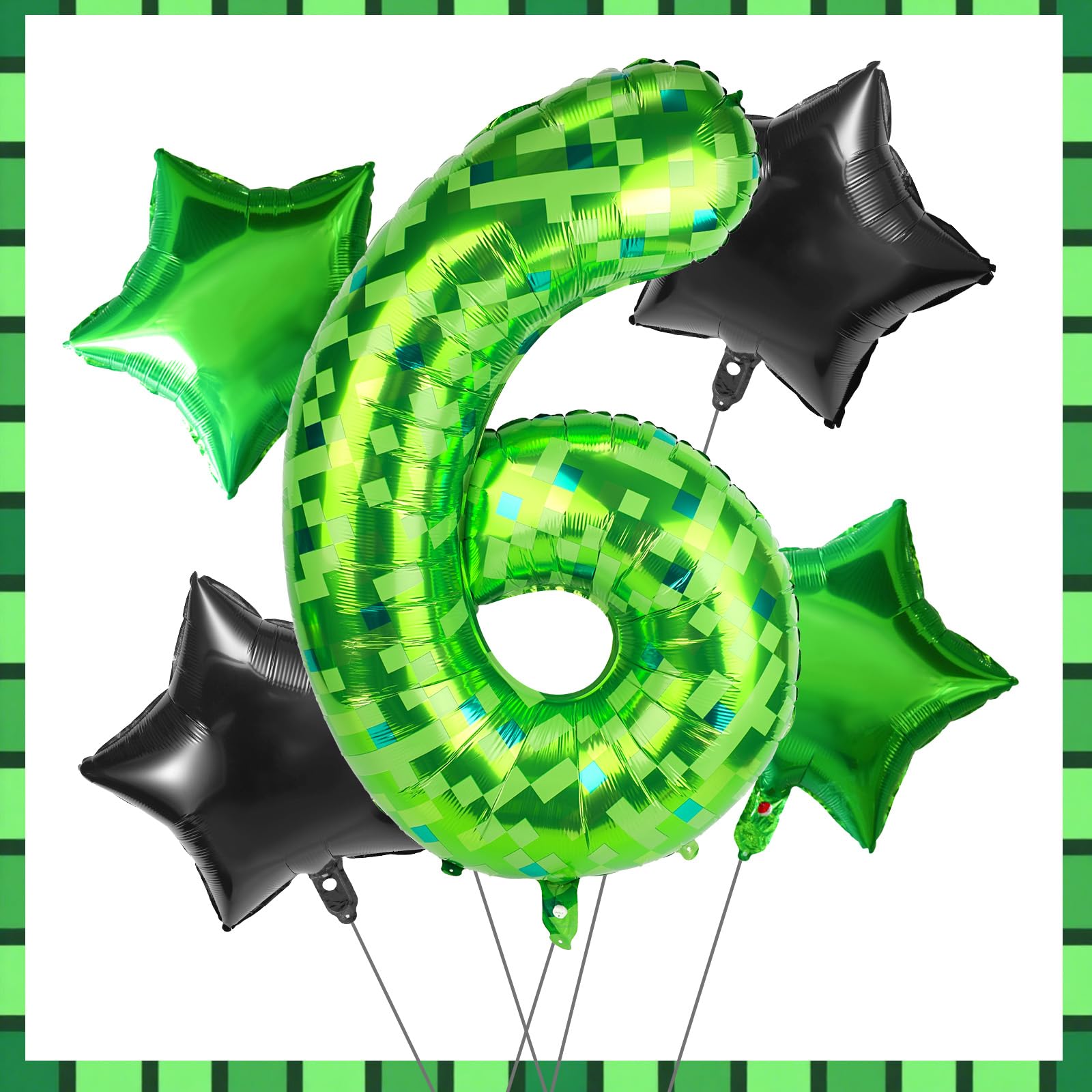 Green Pixel Number Six Balloons Set, 5pcs 40in 6th Birthday Aluminum Foil Balloons Sixth Mining Theme Decor for Boys Girls Pixel Birthday Party Decorations (Number 6)