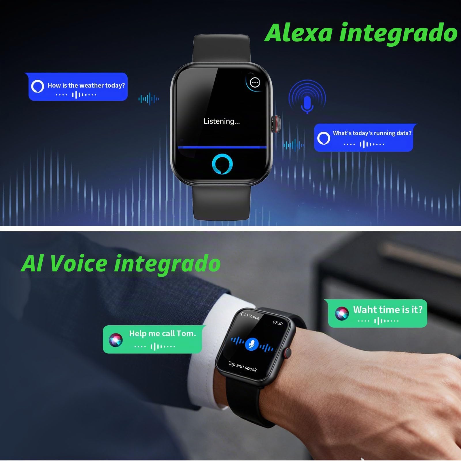 uaue Reloj Inteligente Hombre con Alexa,1.91" HD Smartwatch Hombre, 110+ Modos Deportivos, Monitor de Sueño/Podómetro/Pulsómetro, IP68 Impermeable Pulsera Actividad para Android iOS