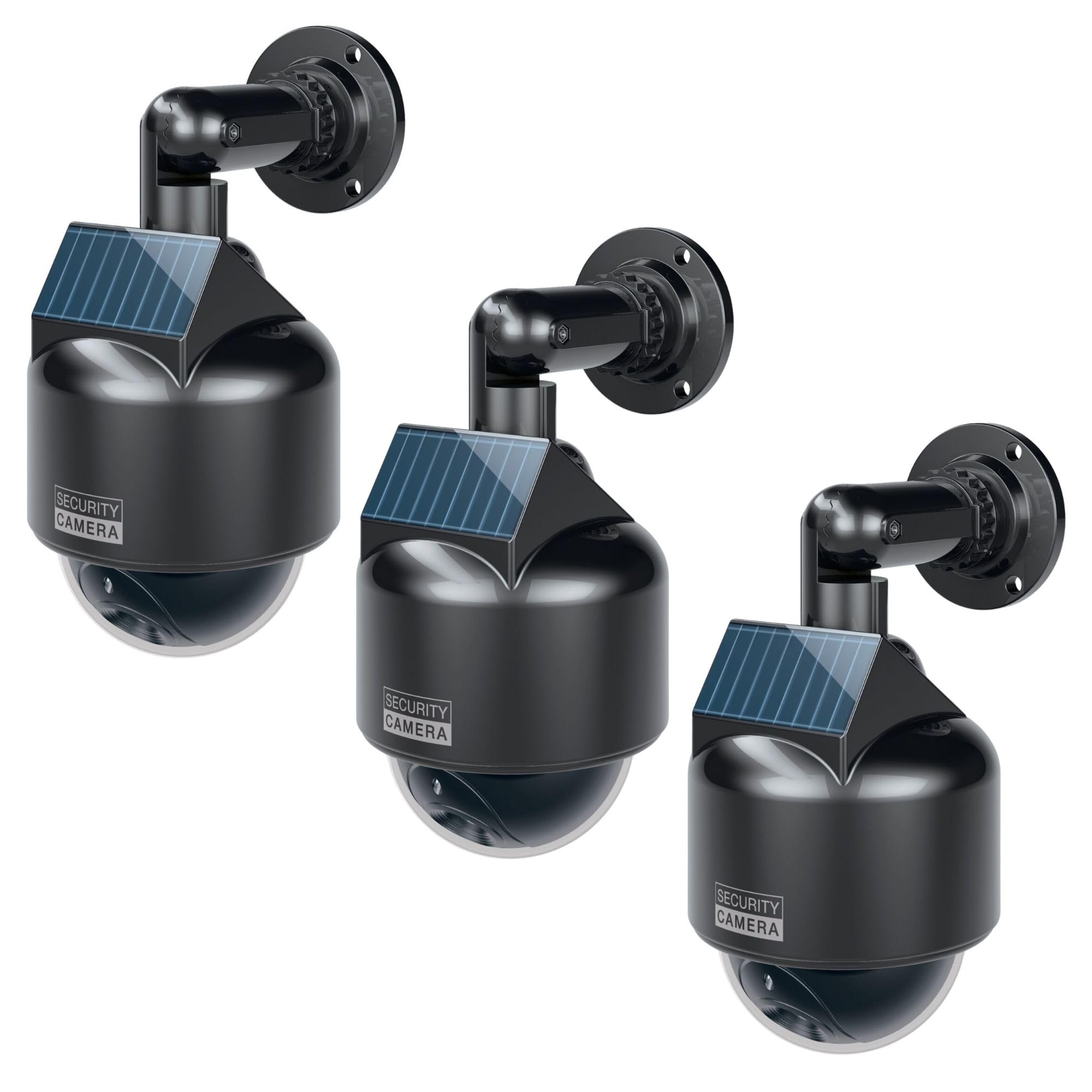 BASI Juego de 3 cámaras solares falsas con luz LED intermitente | Cámara Dome | Cámara de vigilancia para interiores y exteriores protegidos | Panel solar | Soporte de 360 grados | Blanco