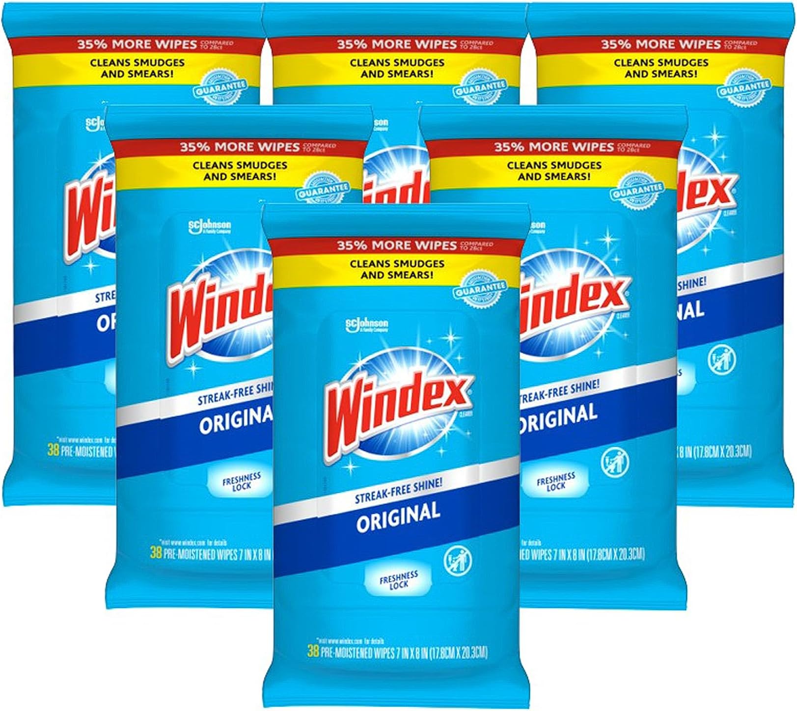 Windex Glass and Surface Pre-Moistened Wipes, Original, 38 Count (Pack of 6)
