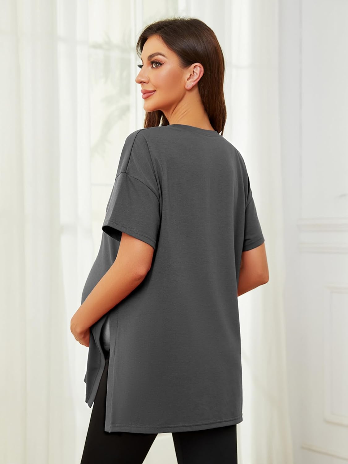 Liu & Qu Womens Maternity Shirts Short Sleeve Split Side Casual Pregnancy Clothes Crewneck Loose Maternity Tops - Image 2