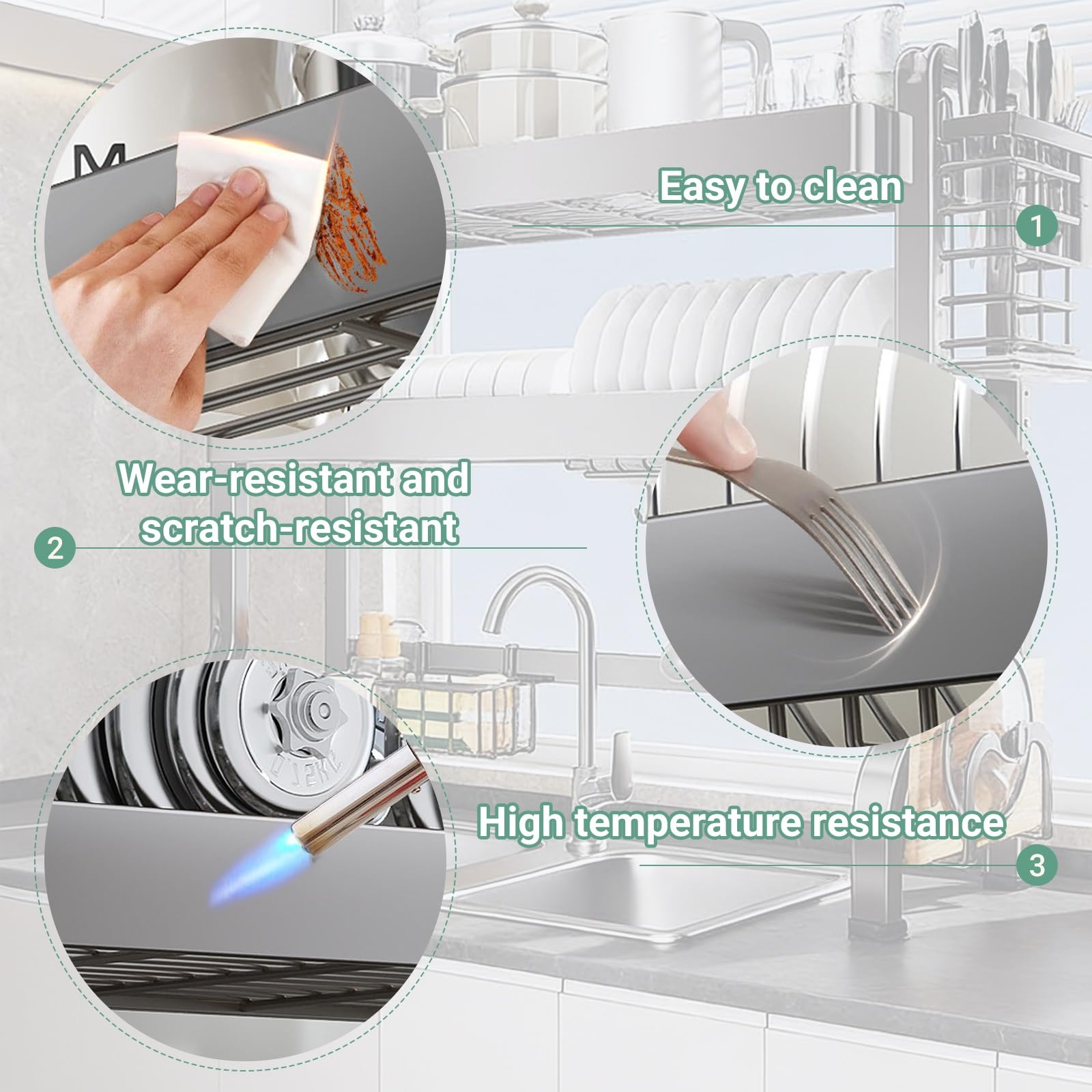 Escurreplatos de doble nivel de gran capacidad sobre el fregadero de la cocina, posiciones ajustables para ahorrar espacio, acabado plomizo duradero