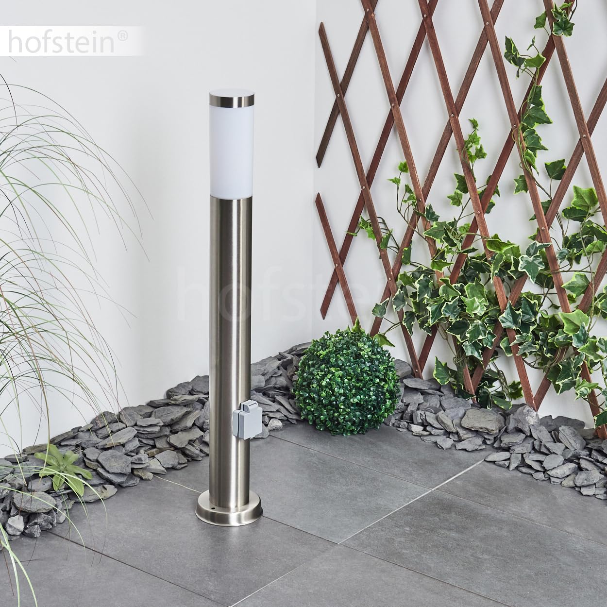 Lampa zewnętrzna Sessa, nowoczesna lampa cokołowa z metalu/tworzywa sztucznego w kolorze niklowo-matowym/białym, gniazdko, lampa ścieżkowa 80 cm, lampa ogrodowa, E27, oświetlenie ogrodowe IP44, bez