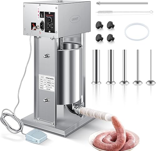Vista 12 de Embutidor manual de 7LBS/3L, kit profesional de acero inoxidable para hacer y rellenar salchichas con 2 velocidades, 5 tubos de relleno, embutidores