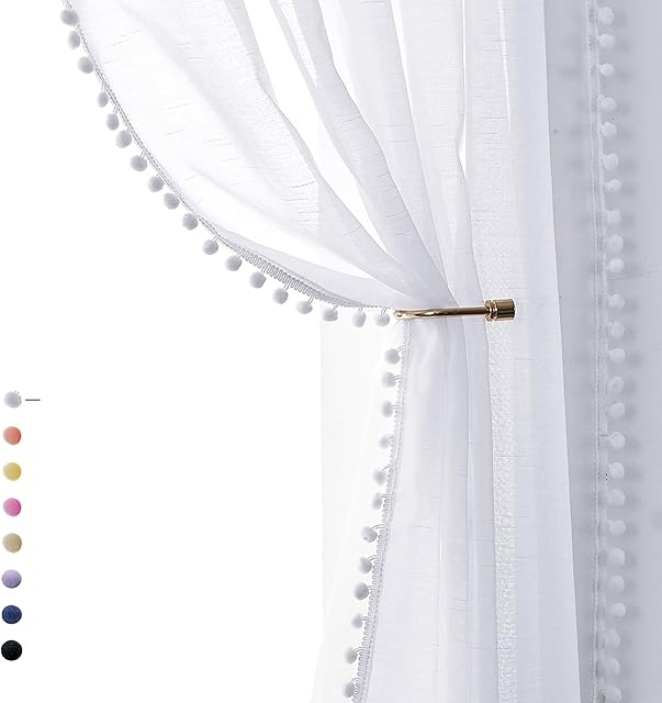 Pom Pom White Sheer Curtains for Girls Room Light Filtering Airy Kids Bedroom Window Curtain Set Pencil Pleat Tape Top Linen Texture Voile Curtains for Small Kitchen Windows 52" by 54" 2 Panels