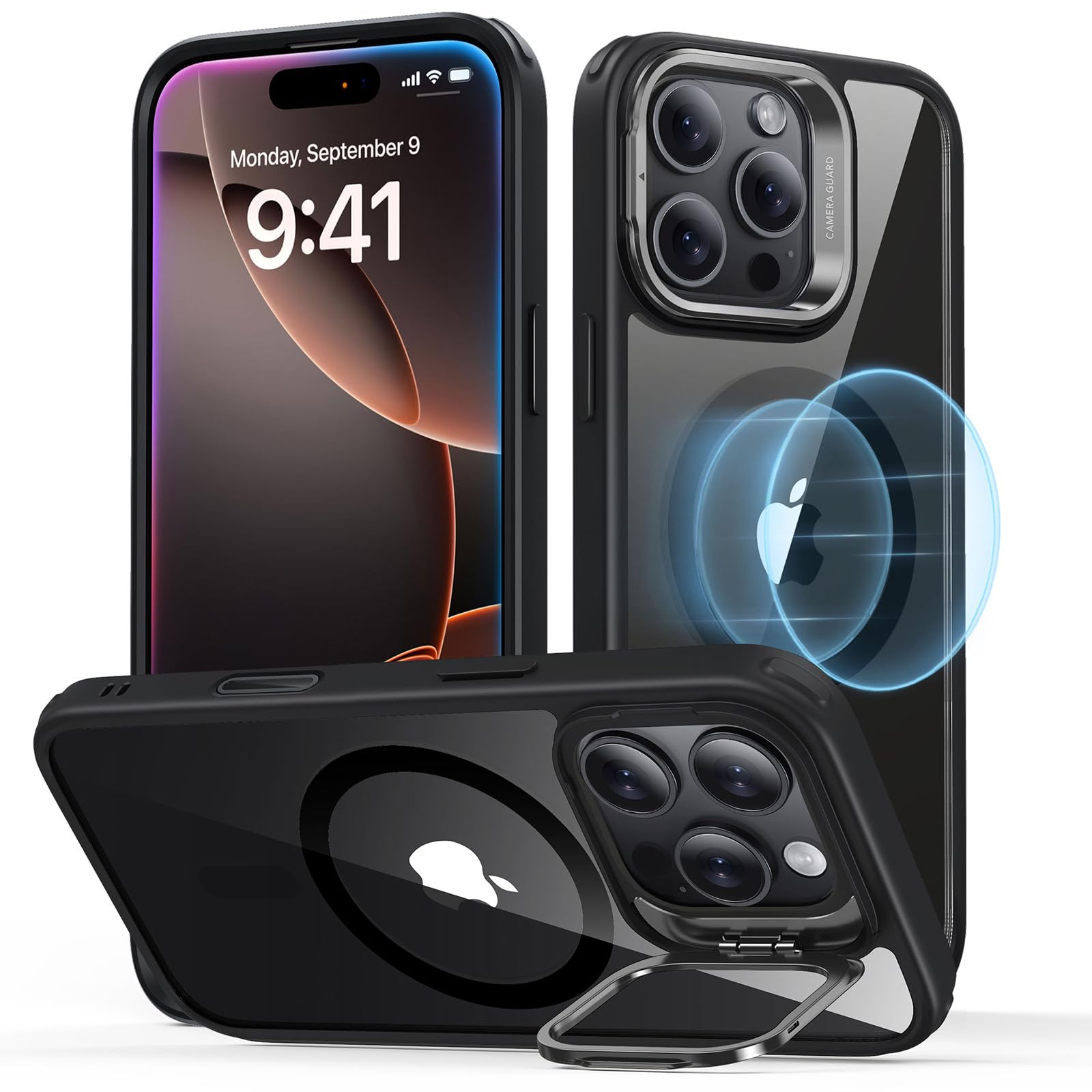 ESR für iPhone 16 Pro Hülle mit Kamerasteuerung, kompatibel mit Magsafe, Militärnorm Schutzhülle Handyhülle iPhone 16 Pro Case, integrierter Versteck Ständer Handy Case, Klares Schwarz