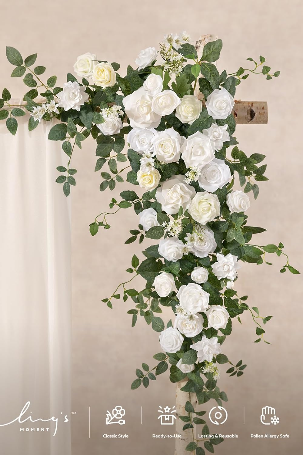 Ling's moment Wedding Arch Flowers - 6.5FT Floral Garland for Ceremony Arbor Backdrop Decoration - Artificial Rose Floral Swag for Sweetheart Table Birthday Party, Baby Shower, White Green