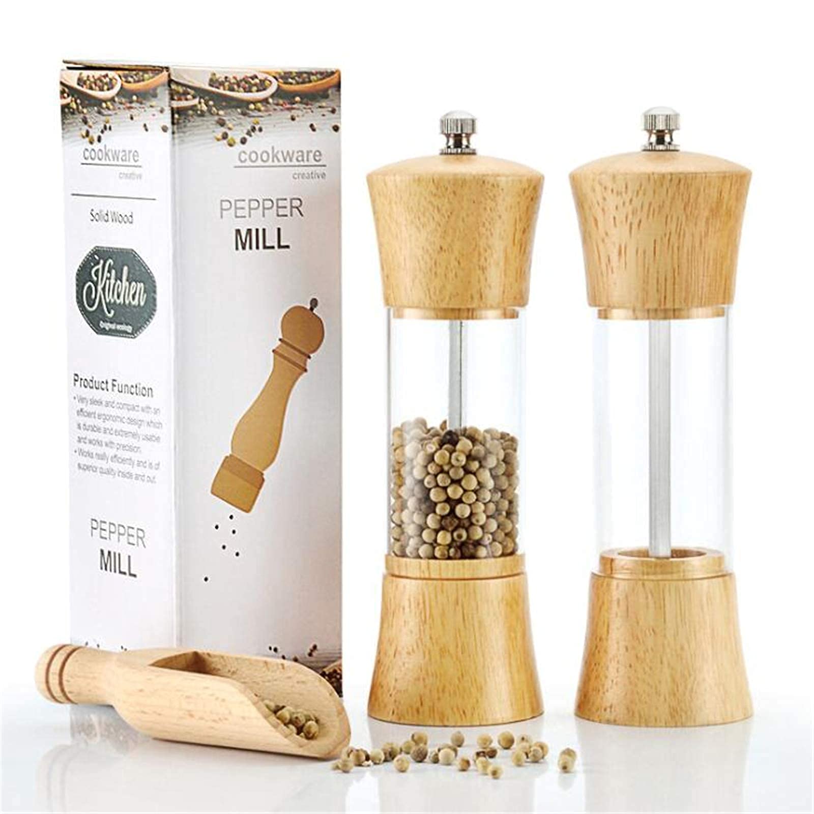 Moulin à poivre et sel en chêne et céramique réglable 6" - Lot de 2