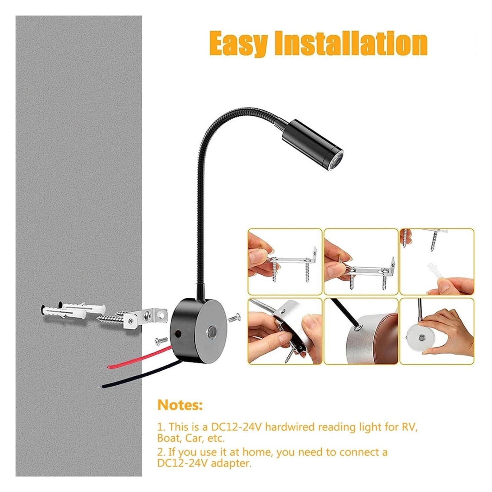 Reflektor LED 12-24 V, Lampki Do Czytania W Kamperze, Giętki, Gęsia Szyja, 3 Kolory, Ściemnialne, Oświetlenie Wnętrza Kampera LED, Lampa Ścienna Do Kampera, Łodzi(2Pcs,Black)