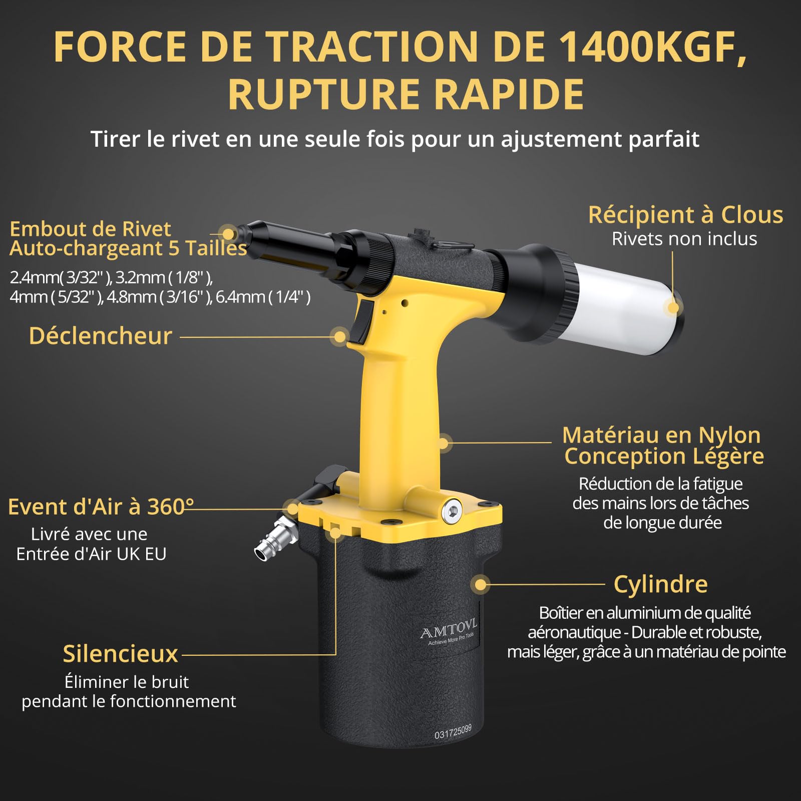 AMTOVL Pistolet à Riveter Pneumatique Auto-aspiration 1/4" BSPT 1400KGF Riveteuse Pneumatique Fixation Automatique des Rivets 2,4 3,2 4,0 4,8 6,4mm Riveteuse Hydraulique avec Griffe Supplémentaire