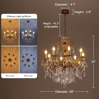 Wellmet Crystal Chandeliers 28 Vintage Antique Bronze Chandelier | 8 Lights Candle Pendant Ceiling Light Fixture for Dining Room Living Room Kitchen Bedroom Hallway Entryway Height-adjustable