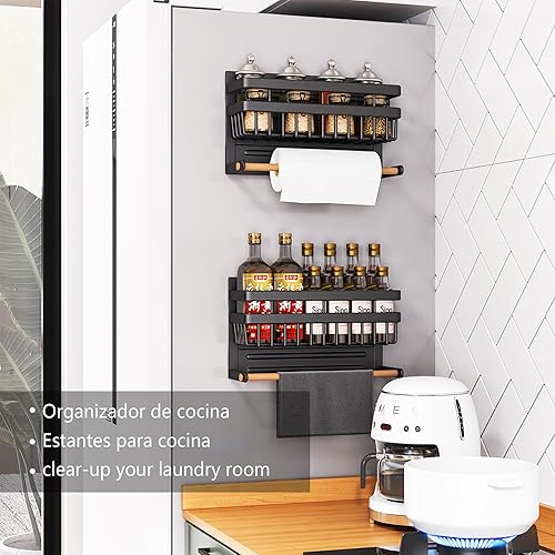 Miniatura 5 de Sleclean Estante magnético para especias para refrigerador, soporte magnético para toallas de papel, organizador magnético para refrigerador,
