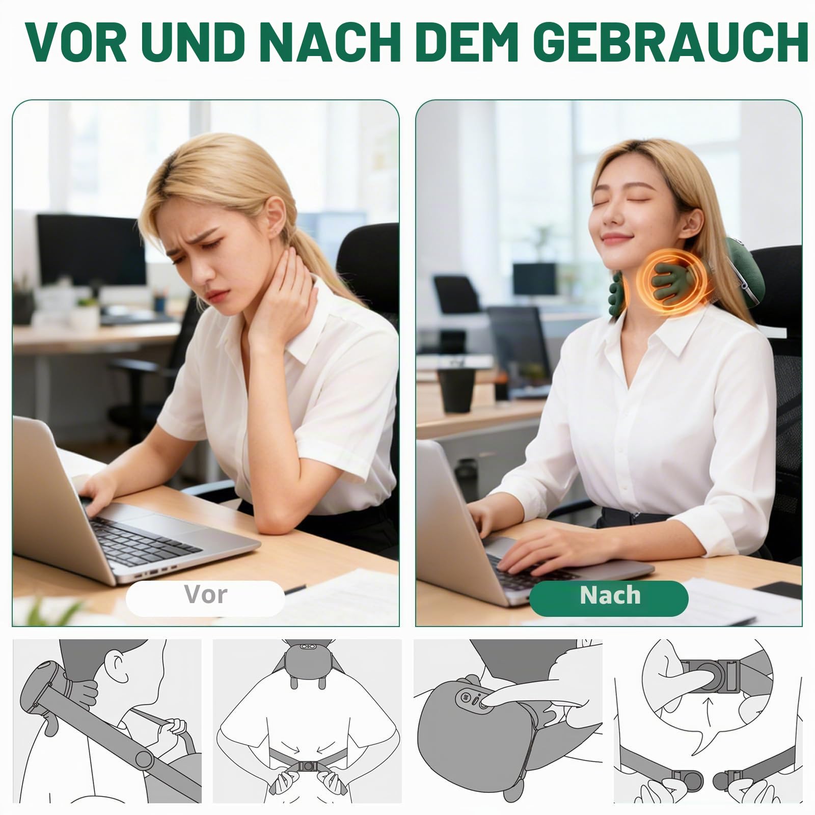 MassagegeräT,4D Nackenmassagegerät mit Wärme,3 Massageeinstellungen & 2 Heizstufen,Elektrische Massagegeräte Mit Wärm Kabellos für Zuhause,BüRo,Reisen für Schmerzlinderung