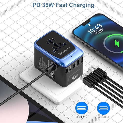 Miniatura 7 de Adaptador de viaje universal, PD 35 W 7 en 1 adaptador de enchufe de alimentación internacional con 7.0A 4 USB-C y 2 USB-A cargador de pared rápido,