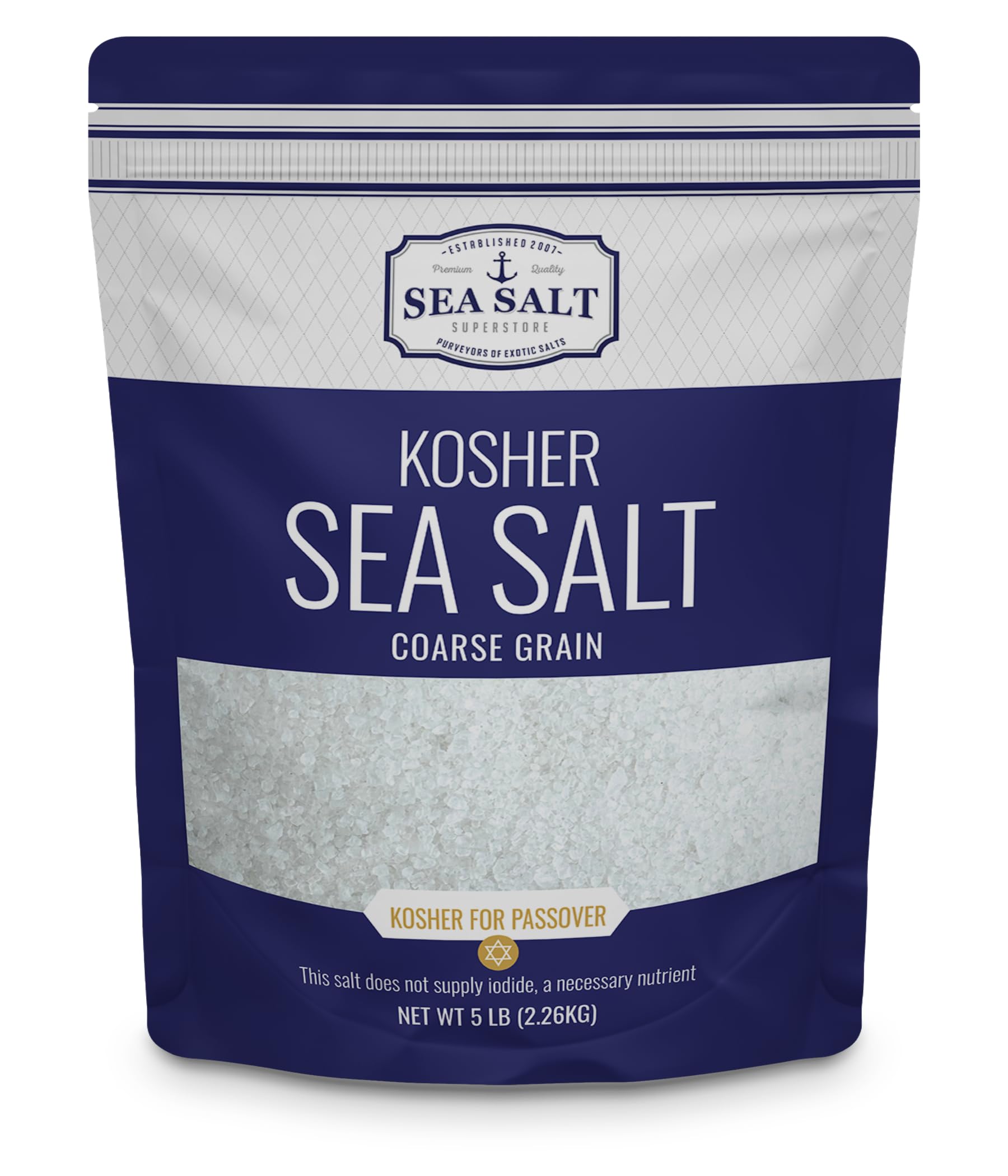 Kosher Sea Salt, Coarse Grain Kosher Salt Replacement for Table Salt, Non-Iodized & Natural Sea Salt for Grinder, 5 lb Bag, Sea Salt Superstore