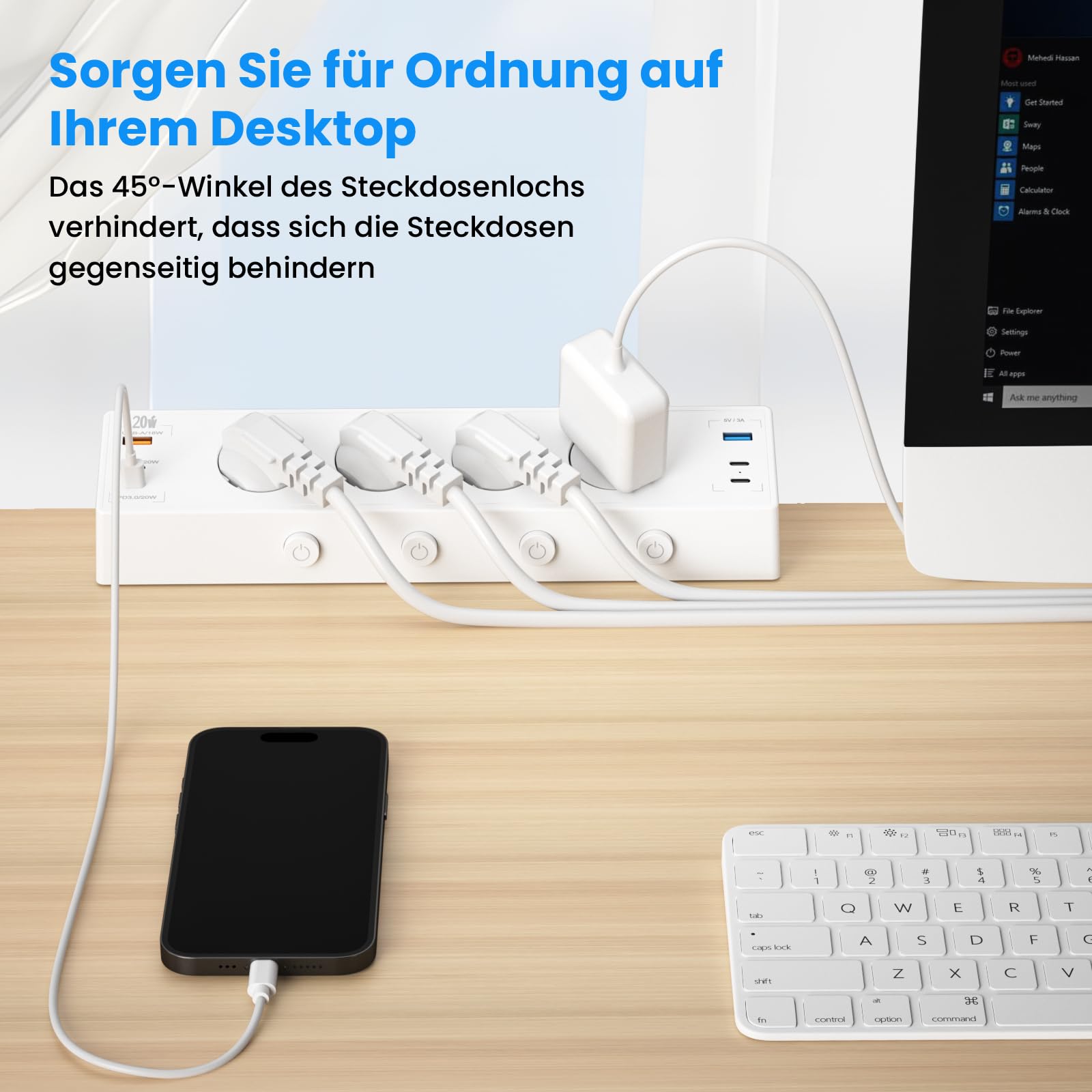 Kinglink, presa da tavolo con USB C 20 W, Ciabatta elettrica commutabile singolarmente, 4 prese multiple con interruttore, protezione da sovratensione con cavo da 2 m, per casa, ufficio, bianco