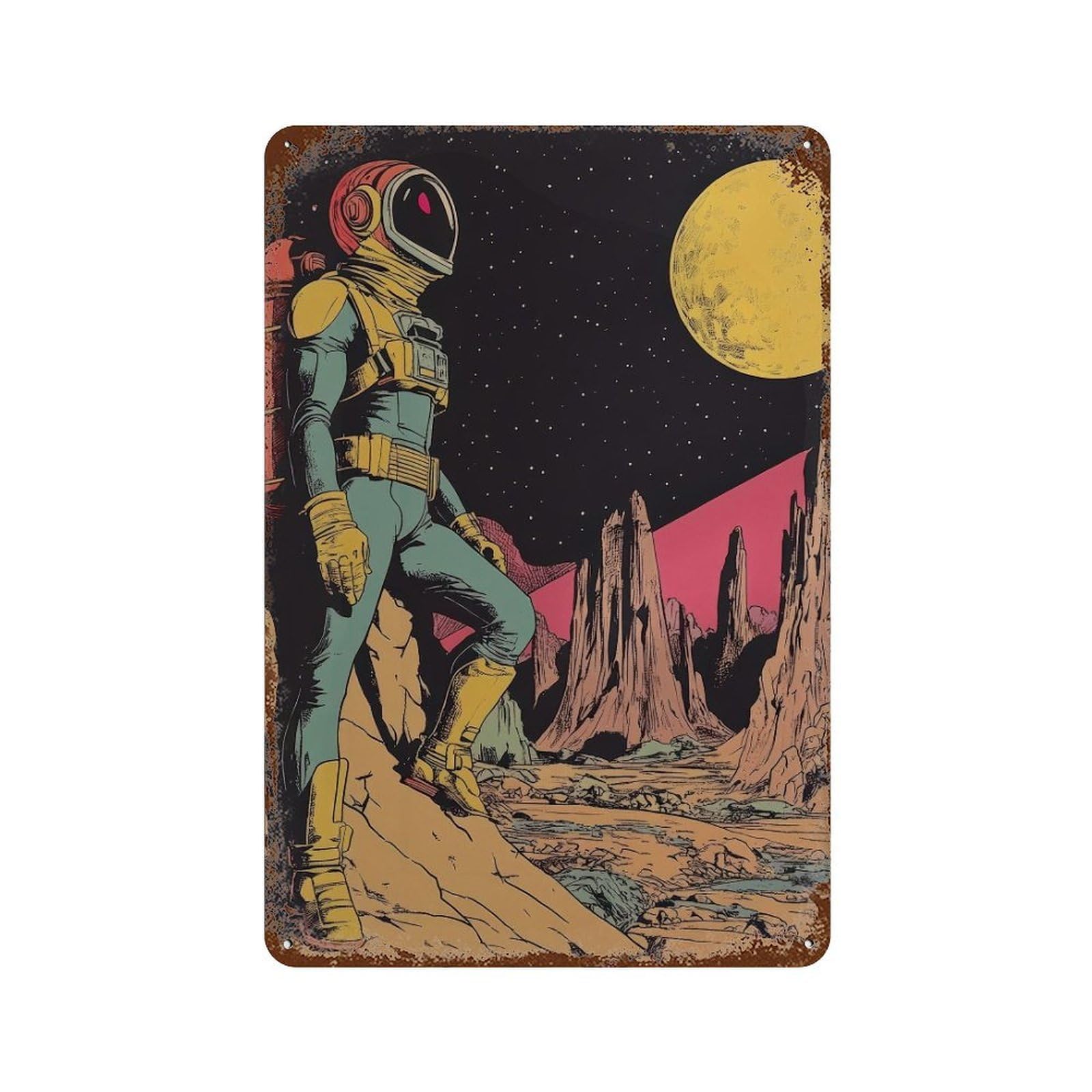 xiaoxiaoshen Astronaut Yellow Moon Background. Sci Wall Decor Art Metal Tin Poster Modern Home Decor Art Home Bar Shop Decorations Vintage Sign 30x20cm