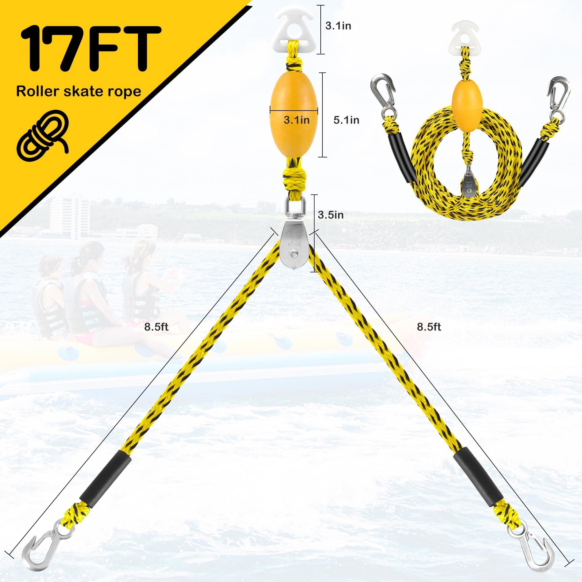 Cyberoctopus Boat Tow Harness for Tubing, 5000lbs Heavy Duty, 360° Swivel Pulley, Floating Design, 304 Stainless Steel Hooks (1.1in), 17ft & 24ft (24FT-M32PULLEY)