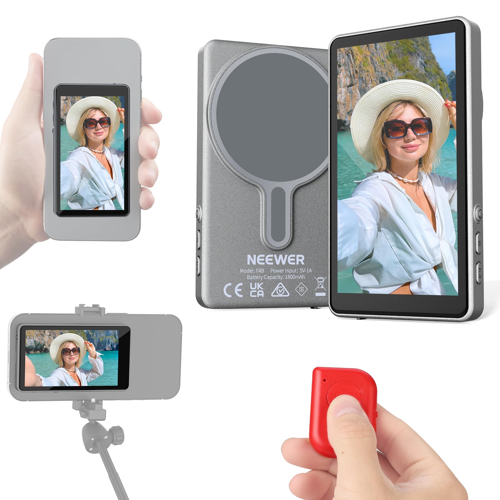 NEEWER Podstawowy 4" ekran Selfie Vlog, bezprzewodowy monitor magnetyczny monitor tylny z Bluetooth pilot zdalnego sterowania dla YouTube Livestreams, NIE kompatybilny z iPhone Google Phone/Video 4K