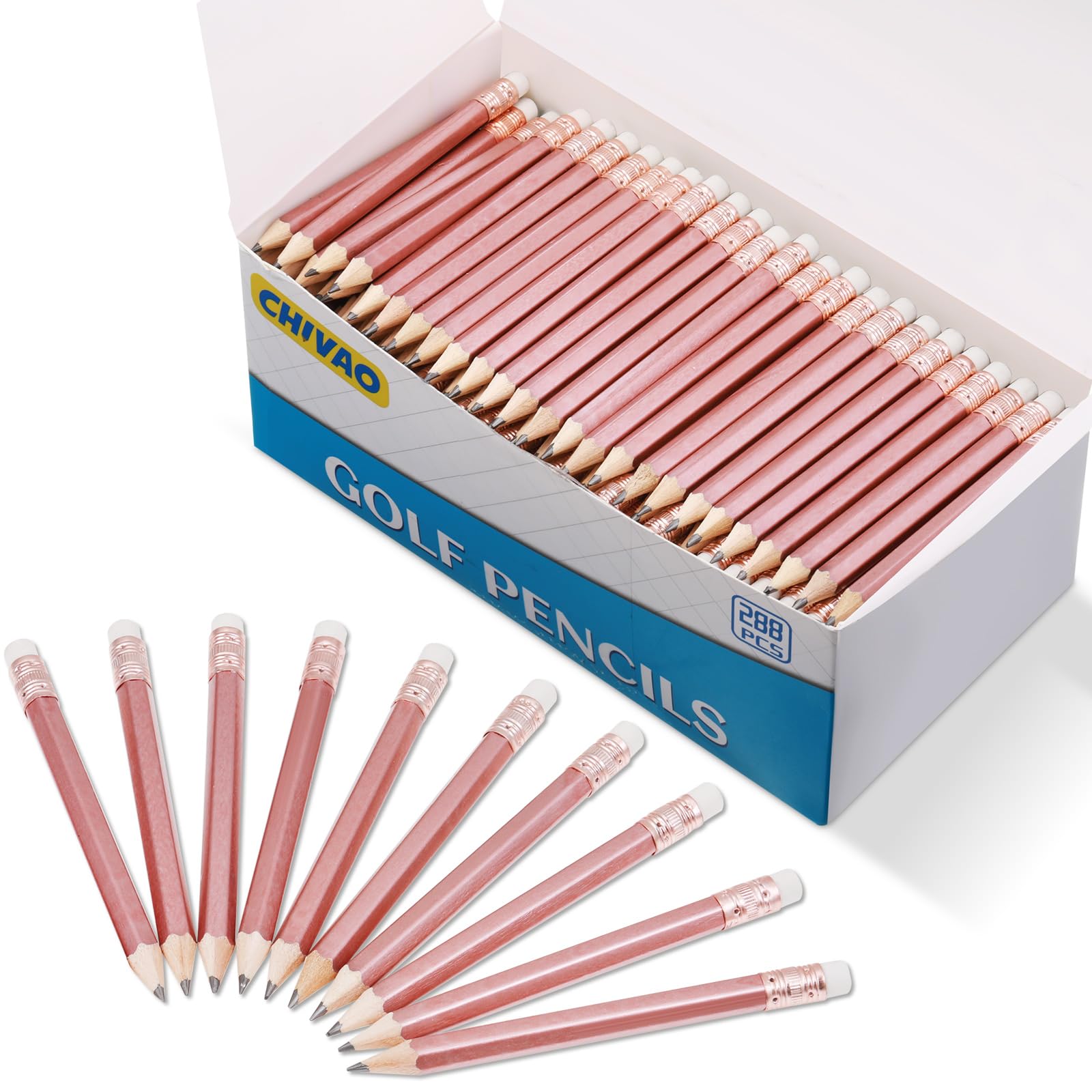 Chivao 288 Pieces Golf Mini Pencils Bulk with Eraser #2 HB Golf Short Pre Sharpened Pencils for Party Favors Office Supplies 4 Inch (Rose Gold)
