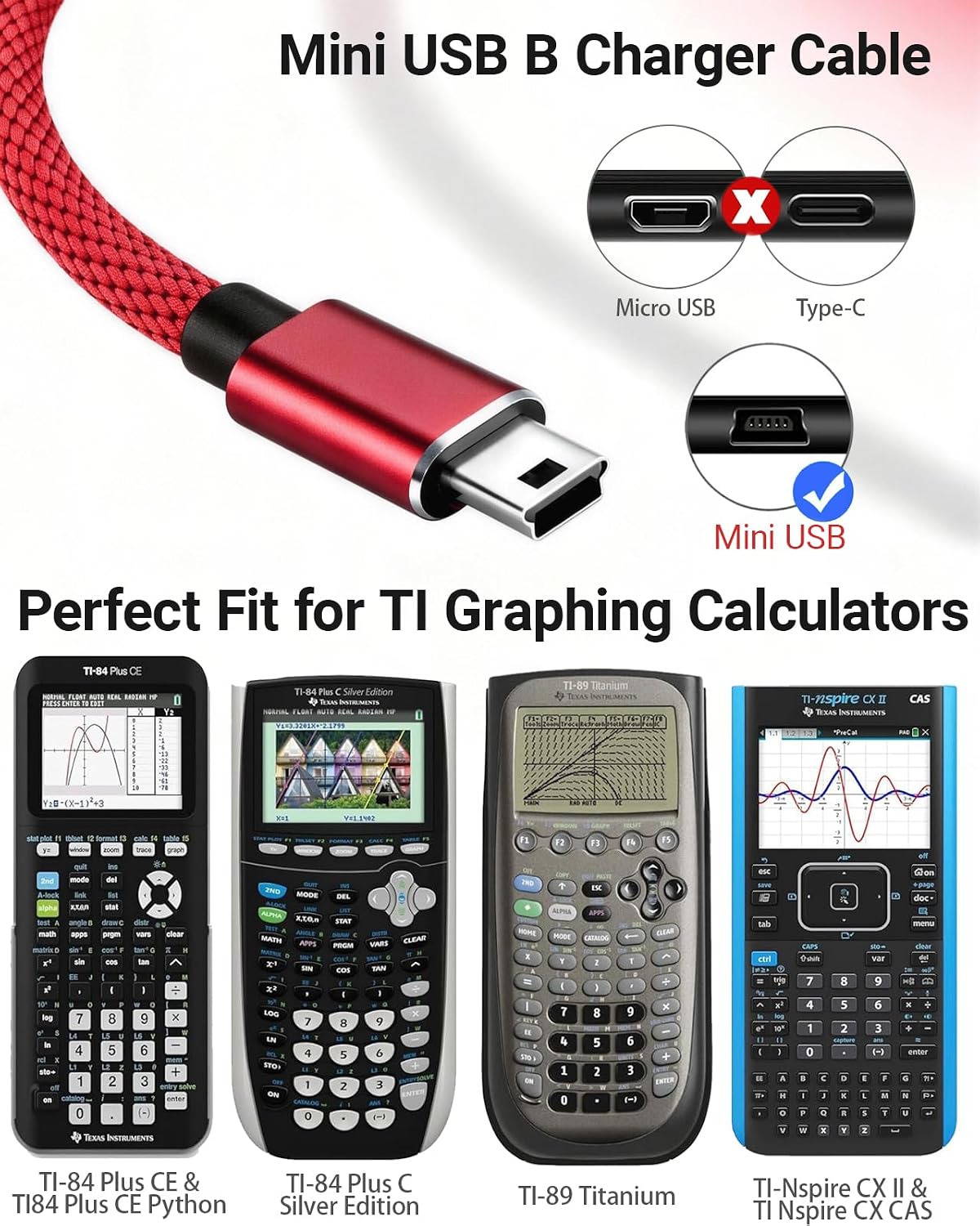 TI-84 Plus CE Charger Cable for TI84 Graphing Calculator,3.3FT Mini USB Red thumbnail