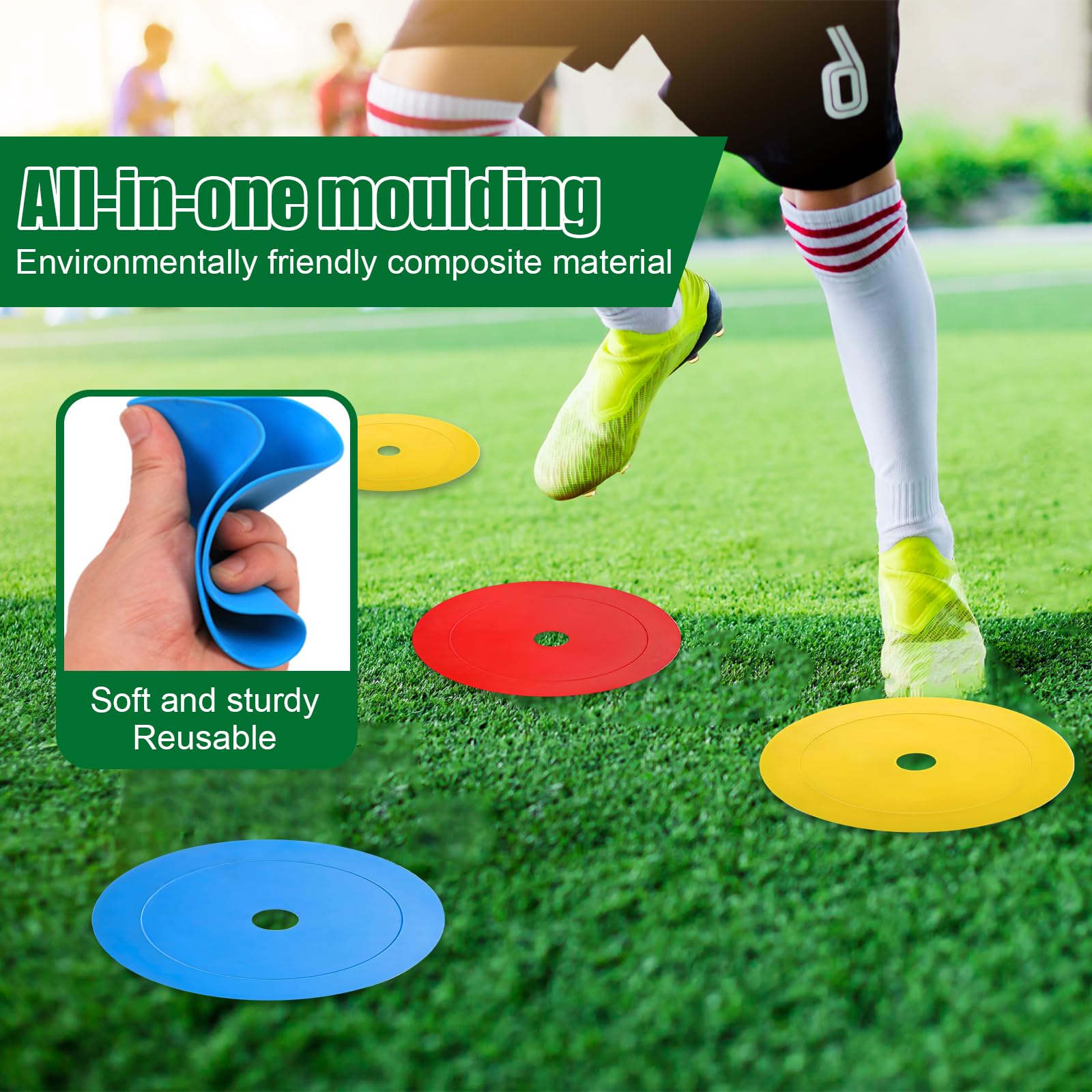 Lot de 24 Disques de Marquage Plat, 15cm Disque D'entraînement de Footbal- Antidérapants et Souples, Cônes de Marquage en PE Flexible, Dotés d'un Support pour Portabilité et Rangement