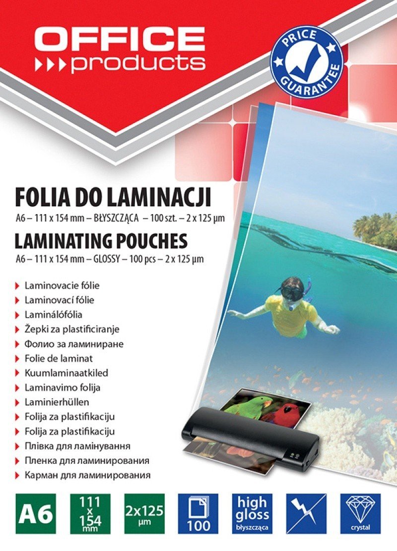 Folia do Laminowania OFFICE PRODUCTS A6 2x125mikr Błyszcząca 100szt Transparentna/Prezentacja/Typ-do Laminowania/Rodzaj-Błyszcząca/Materiał-Plastik/Kolor-Transparentny/Grubość (mm)-2x125µm