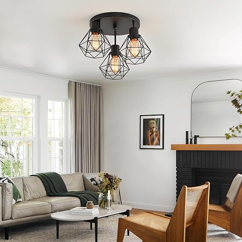 Miniatura 5 de Lámpara de techo industrial de 3 luces, lámpara de techo de jaula de hierro, 3 lámparas cerca del techo, lámpara moderna para dormitorio, entrada,