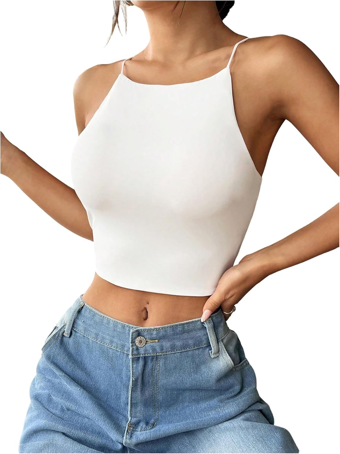 SHENHE Women's Spaghetti Strap Crop Square Neck Tank Top Sleeveless Fitted Casual Vest