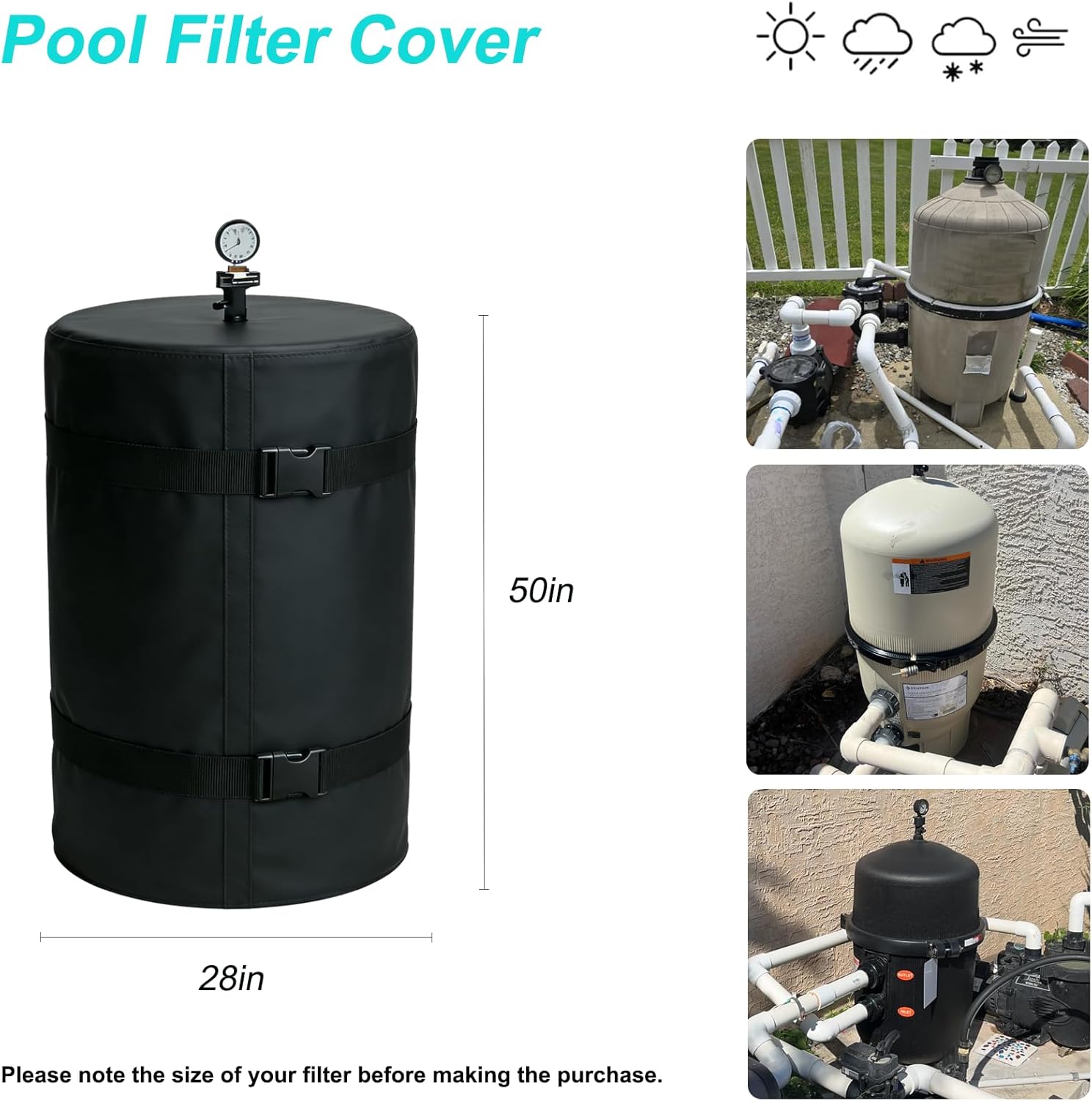 All-Season Universal Pool Filter Cover,1200D Waterproof Fabric, Protects Underground/Above-Ground Filters from Severe Snow, Rain, & Intense UV Rays – Compatible with Most Filter Cores & DE Filters