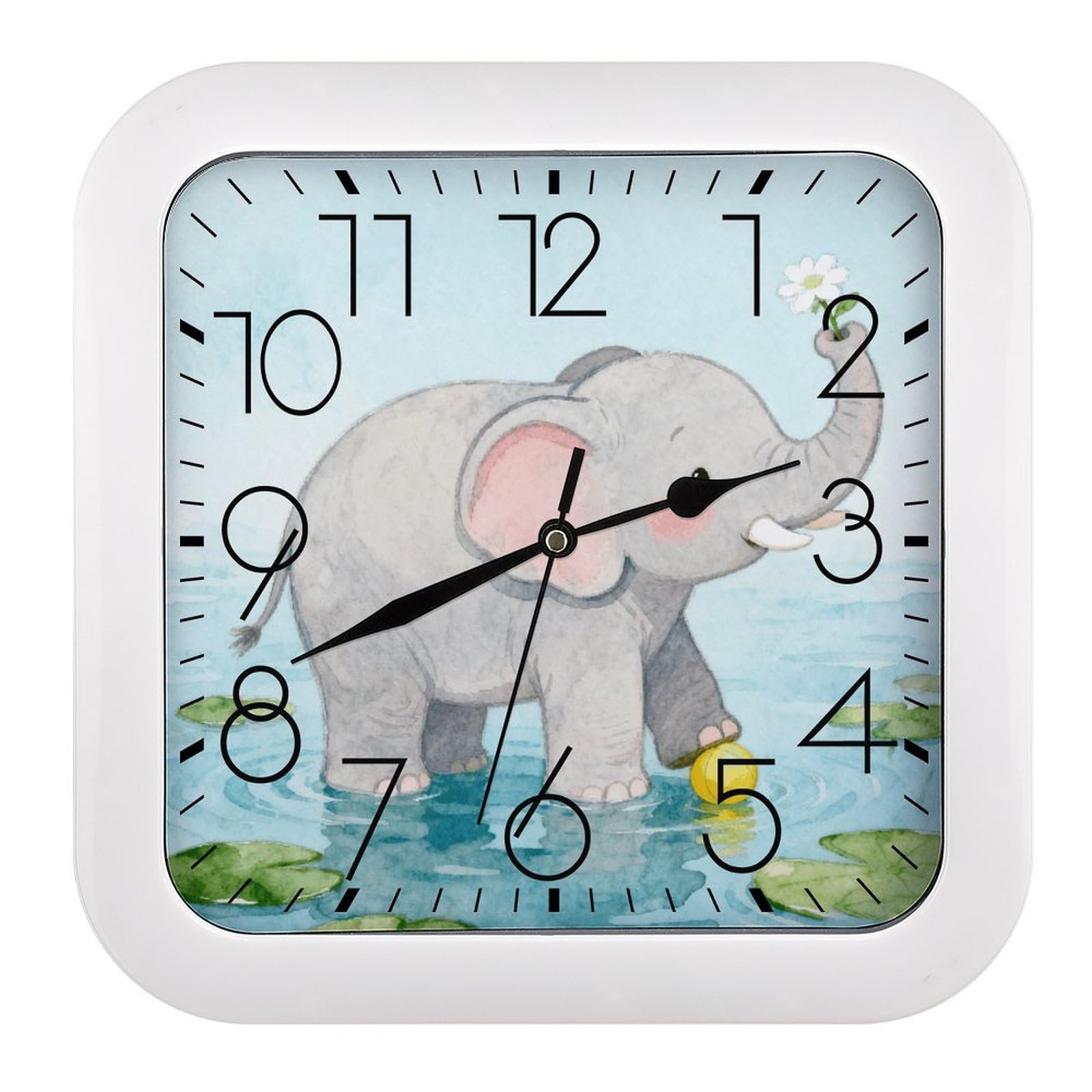 LZQPOEAS Elephant Square Wall Clock, 10.2 Inch Battery Operated Silent Non-Ticking Wall Clock, Square Analog Decorative Clock for Home Wall Art, Living Room, Bedroom, and Office
