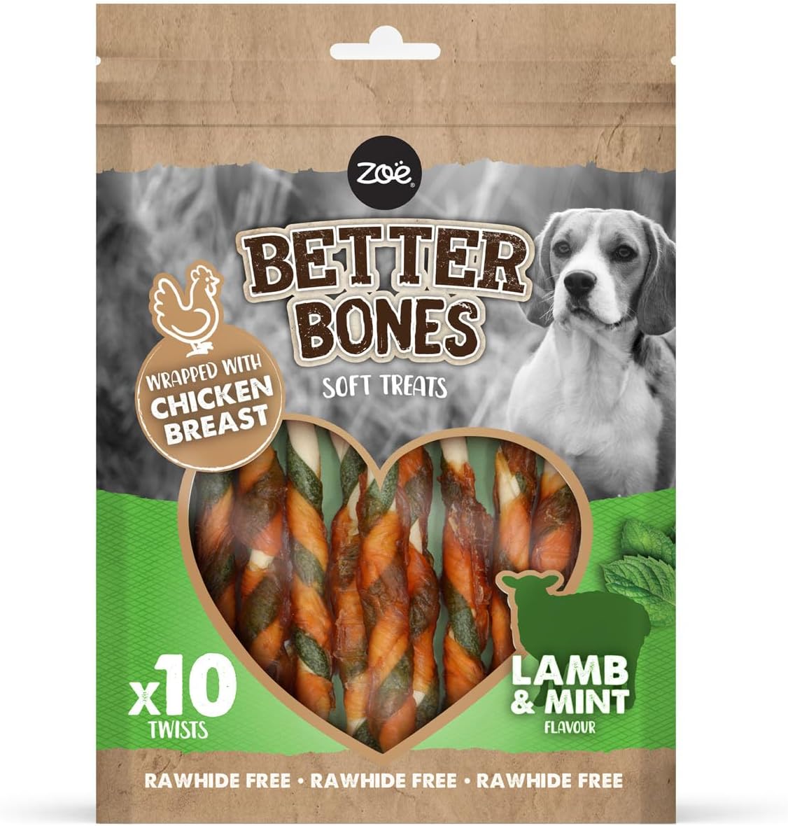Zoë Better Bones Soft Dog Treat Chews, Pouch of Rawhide-Free, Chicken-Wrapped Twist Dog Training Chews - Lamb & Mint Flavour, 1 Bag of 10 pcs